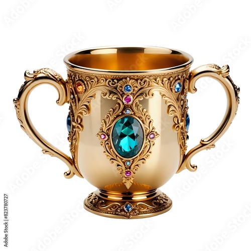 Luxury golden cup with gemstone and vintage decoration isolated on white background (ID: 823780727)
