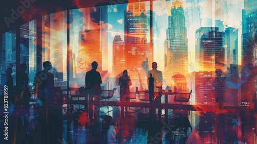 Silhouettes of business people in meeting at office with double exposure cityscape background. Concept for company  brainstorming and collaboration. high detail  hyper realistic photo watercolor