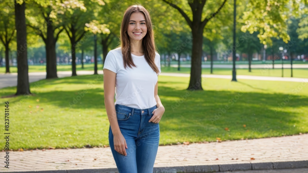 Young woman wearing white t-shirt and blue jeans standing in the park Young woman wearing white t-shirt and blue jeans standing in the park