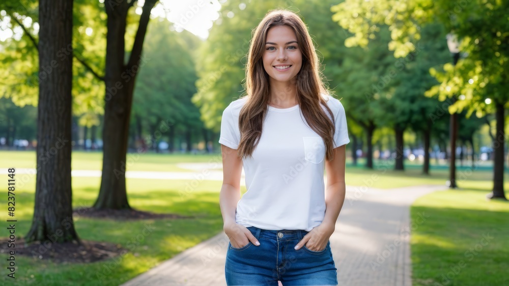 Young woman wearing white t-shirt and blue jeans standing in the park Young woman wearing white t-shirt and blue jeans standing in the park