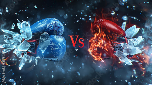 Icy blue and fiery red boxing gloves surrounded by shards of ice and flames, respectively, with crystal clear 