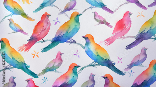 Rainbow Watercolor Painting, bird, background texture © AJCook Illustrations