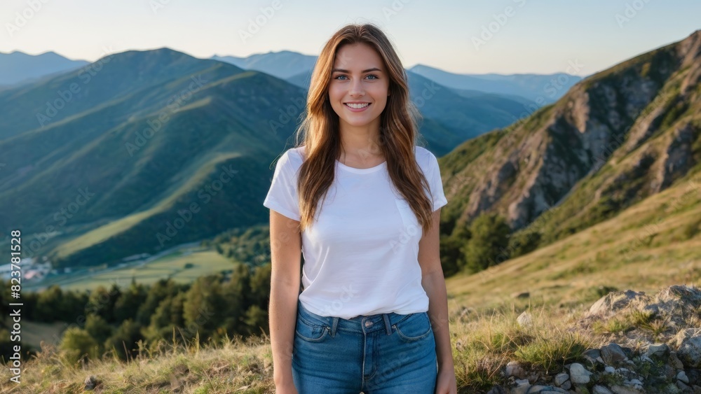 Young woman wearing white t-shirt and blue jeans standing on a mountain Young woman wearing white t-shirt and blue jeans standing on a mountain