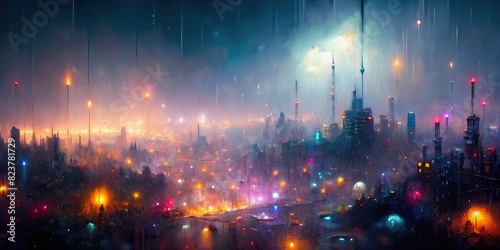 Blurry city lights during the night, with a haze effect and raining light, creating a dreamy and magical atmosphere