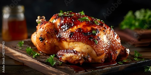 Perfectly Cooked Whole Chicken with Sweet Honey Glaze. Concept Honey Glazed Roast Chicken, Cooking Tips, Flavorful Poultry, Homemade Glaze Recipe photo