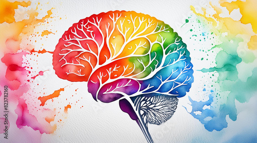 Rainbow Watercolor Painting, thinking brain,  background texture photo