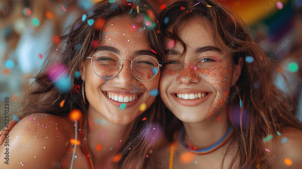 A close-up shot of two joyful asian women embracing each other tenderly, surrounded by rainbow-colored confetti, as they celebrate their love and commitment during Pride month A close-up shot of two joyful asian women embracing each other tenderly, surrounded by rainbow-colored confetti, as they celebrate their love and commitment during Pride month