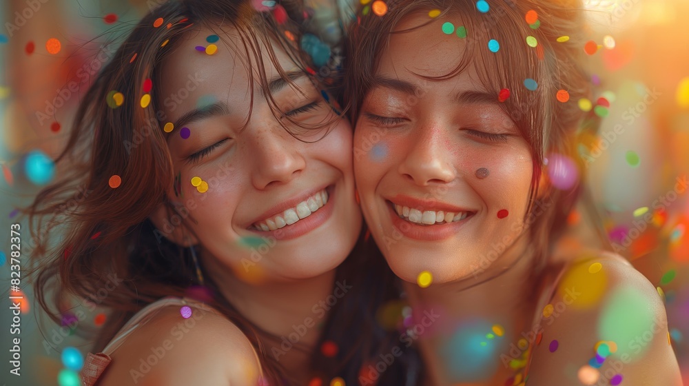 A close-up shot of two joyful asian women embracing each other tenderly, surrounded by rainbow-colored confetti, as they celebrate their love and commitment during Pride month A close-up shot of two joyful asian women embracing each other tenderly, surrounded by rainbow-colored confetti, as they celebrate their love and commitment during Pride month