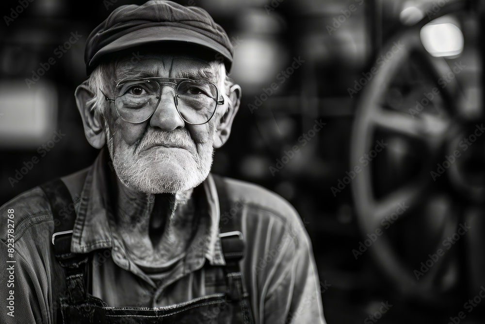 Black and white portrait of an old man with glasses and cap, with a blurred workshop backdrop Black and white portrait of an old man with glasses and cap, with a blurred workshop backdrop
