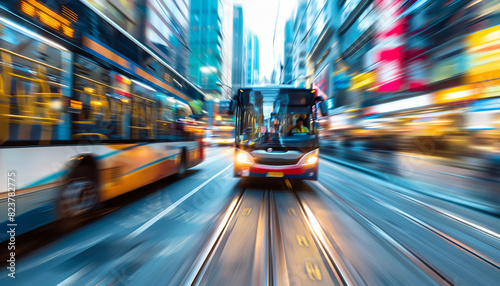 A blue bus is driving down a city street by AI generated image