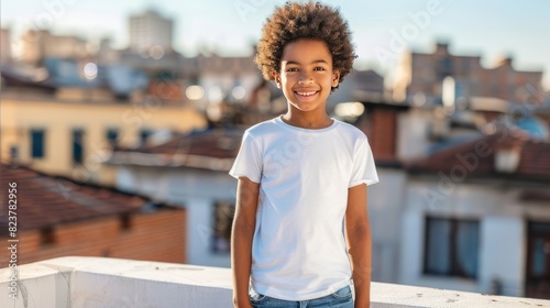 An afro african-american child wearing a plain t-shirt stands against the rural backdrop of rio de jainero. photo