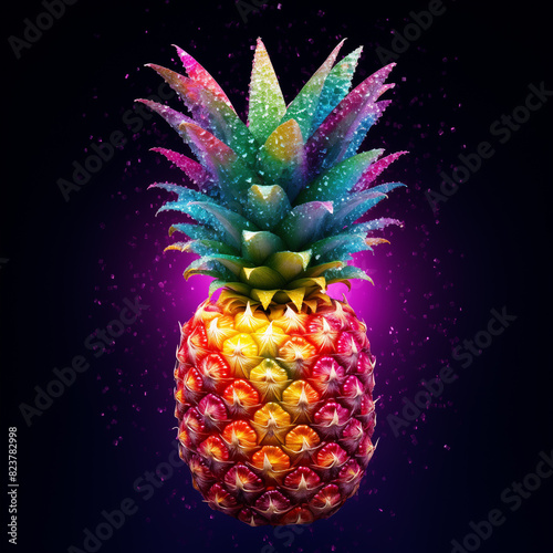 An illustration of a frozen pineapple covered with ice dust. Colorful tropical fruit against dark purple background. AI-generated