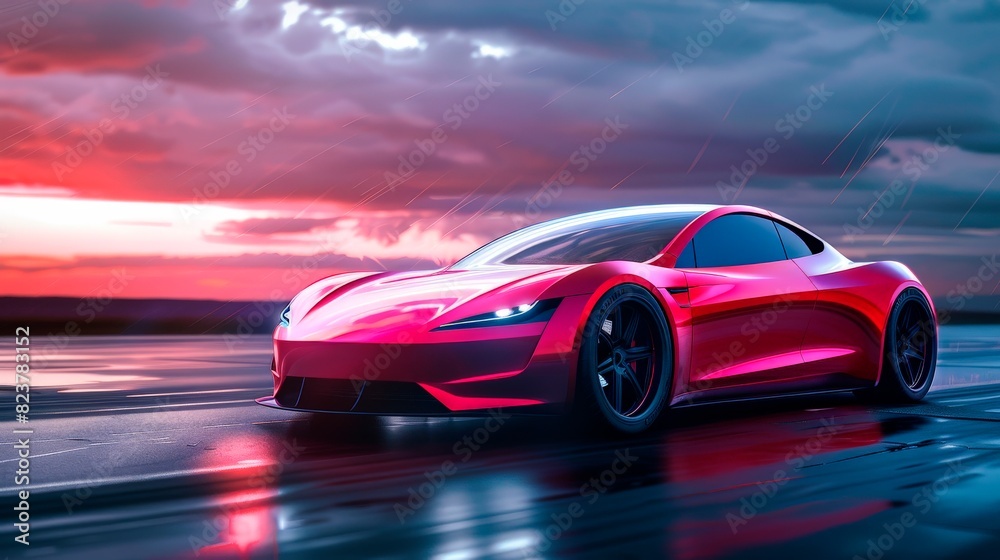 Futuristic electric sports car in bright red color on a dark background with dynamic glow lines 
