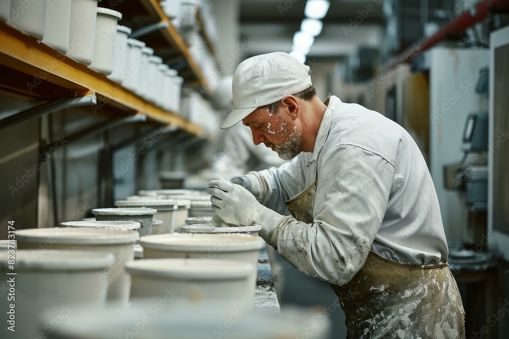 Focused artisan baker works diligently on dough in an industrial bakery setting Focused artisan baker works diligently on dough in an industrial bakery setting
