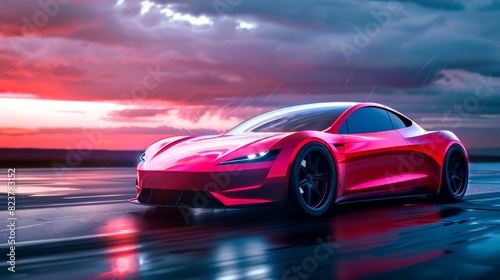 Futuristic electric sports car in bright red color on a dark background with dynamic glow lines 