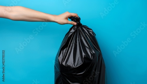 Close up of hand holding black garbage bag into trash bin isolated on blue background, closeup view Generative AI photo