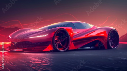 Futuristic electric sports car in bright red color on a dark background with dynamic glow lines  