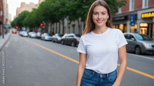 Young woman wearing white t-shirt and blue jeans standing on the street