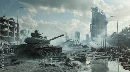 War scene with war tank and destroyed city in the background. Generative AI photo