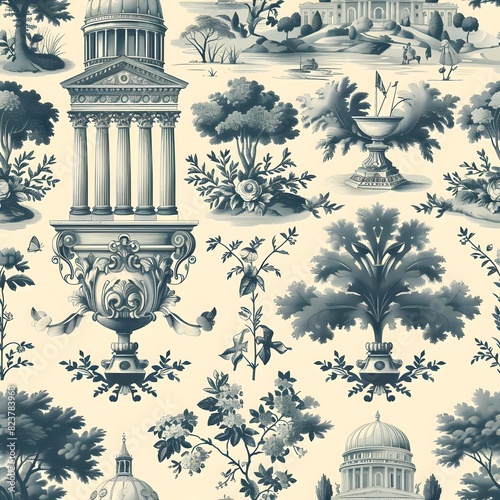 Timeless Elegance Classical Architecture Seamless Pattern in Toile de Jouy Style photo