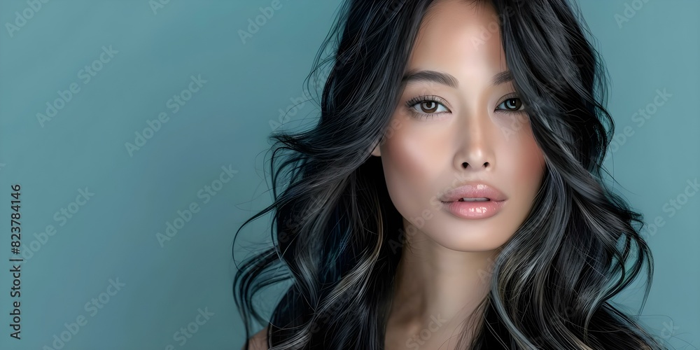 Naklejka premium The Allure of an Asian Woman with Long, Glossy, Wavy Black Hair. Concept Asian Beauty, Long Hair, Glossy Hair, Wavy Hair, Black Hair