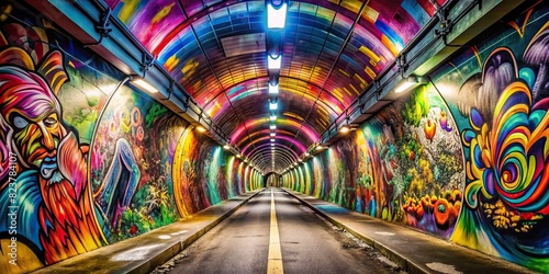 Contemporary urban tunnel with bright graffiti artwork  photo