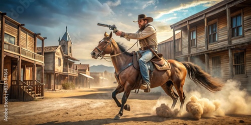 Cowboy riding on a horse in a dusty wild west town, gun slinging action scene photo