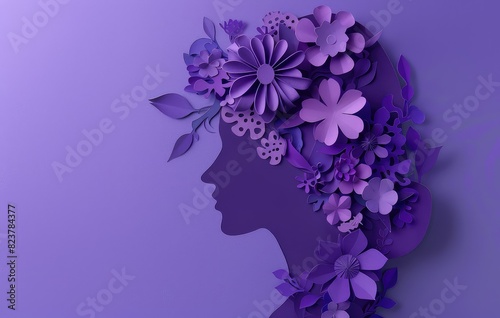 Surreal purple paper flowers and leaves in the shape of a woman's head on purple background. © Suwanlee