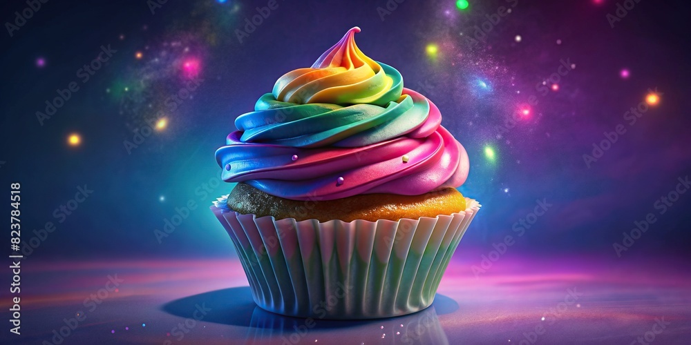 Delicious cupcake with colorful icing on background