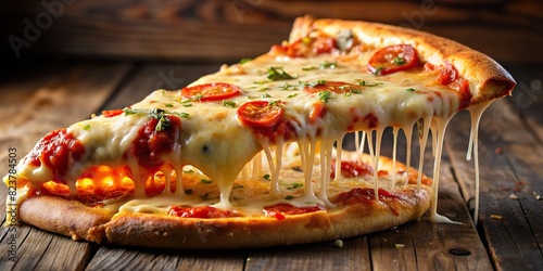 Delicious slice of pizza with gooey melted cheese on a background  photo