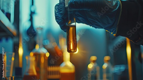 Sciences. scientist holding a test tube in a research lab or doing chemical experiments photo