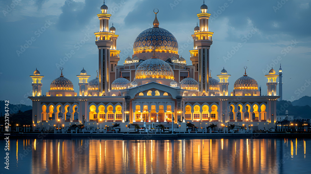 Obraz premium A majestic mosque illuminated at night during Eid-al-Adha, surrounded by worshippers and festive lights