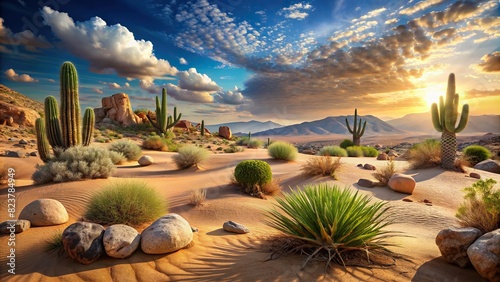 Dry desert scene with isolated plants and rocks on background banner