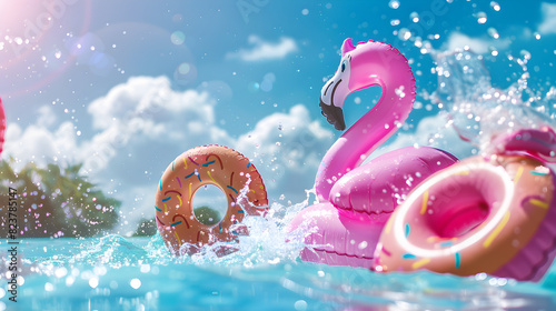 A hilarious action photo in an outdoor swimming pool with inflatable flamingo and doughnuts buoys creating splashes of water. Perfect for summer and leisure concepts.