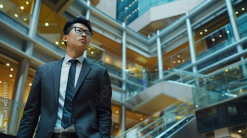 An ambitious Asian professional negotiating a lucrative deal in a high-rise corporate building.
