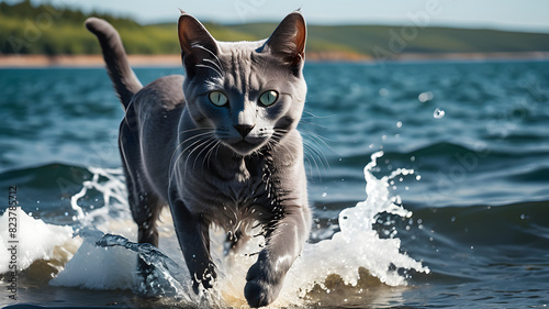 Experience the joy of an adorable russian blue cat playing by the sea. This cute kitten splash is a charming display of feline curiosity.