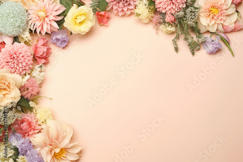 Frame from natural flowers of roses  chrysanthemums  dahlias  eustoma  lilies  hydrangeas top view