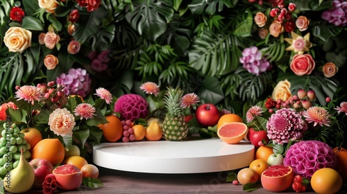 A colorful display of fruits and flowers  including apples  oranges  and roses