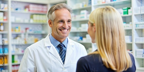 Friendly pharmacist giving expert advice to smiling customer 