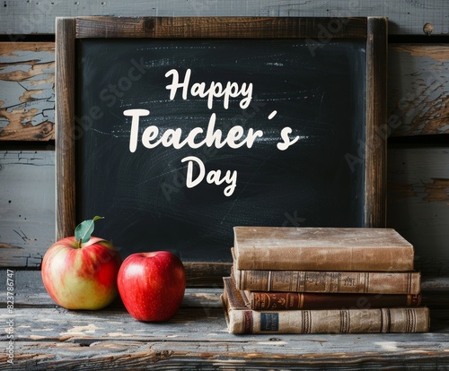 Teacher's day concept with text saying happy teacher's day with books a school blackboard and apple