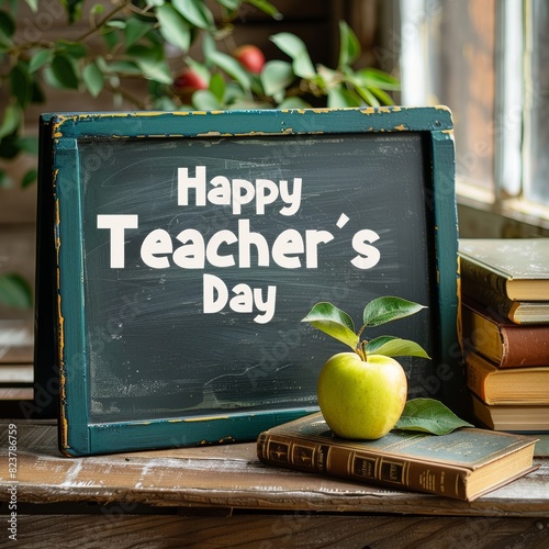 Teacher's day concept with text saying happy teacher's day with books a school blackboard and apple