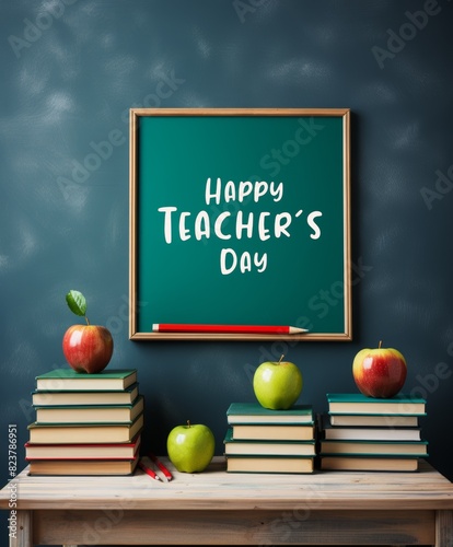 Teacher's day background with space for text - Books, school blackboard and apple