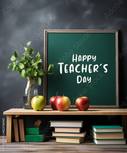 Teacher's day background with space for text - Books, school blackboard and apple
