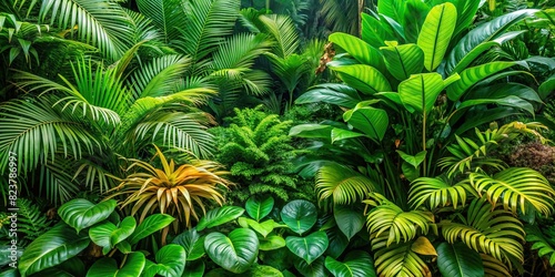 Green tropical plants bush arrangement on background