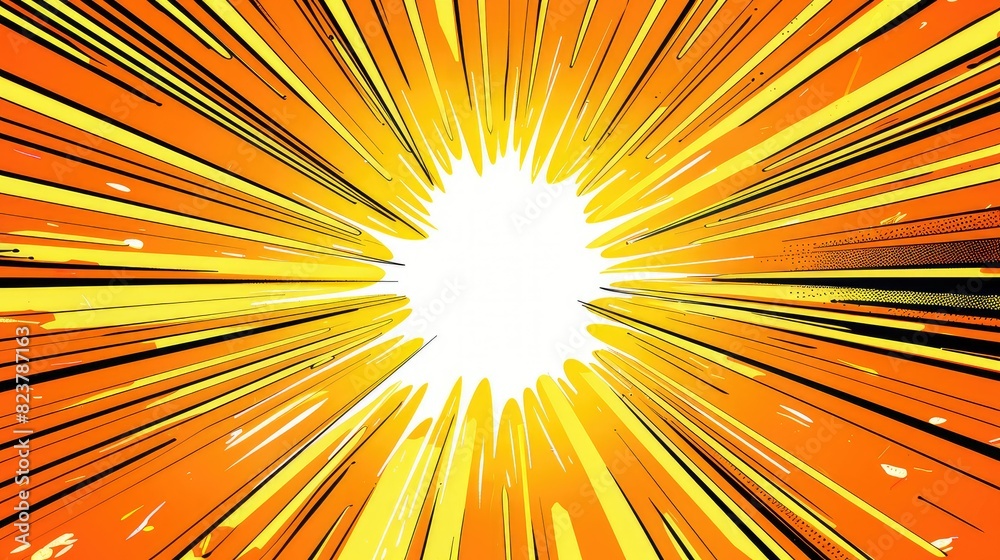 Obraz premium A digital illustration of a comic book style radial background. The background is yellow and orange, with white lines radiating out from the center.