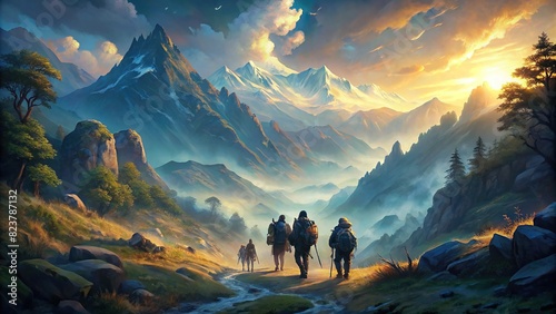 Group of hikers trekking through a scenic mountain landscape, representing collaboration, achievement, and exploration photo