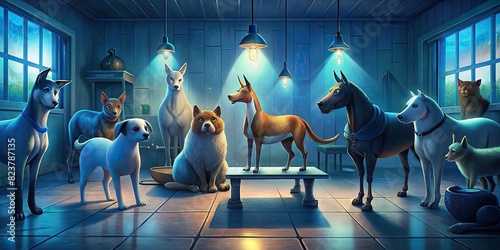 Group of various animals waiting for examination in a veterinary clinic photo