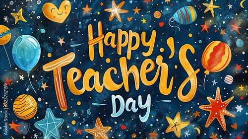 A handwritten text that says Happy Teacher's Day with colorful elements