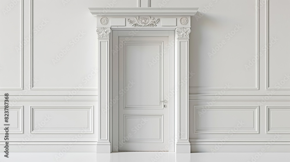 A white door with a white frame and pillars