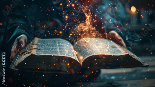 Enchanted Spellbook Glowing with Cosmic Energy in the Starry Night Sky - A mystical and otherworldly scene of an ancient,weathered book emitting a captivating,ethereal light,set against a backdrop of 